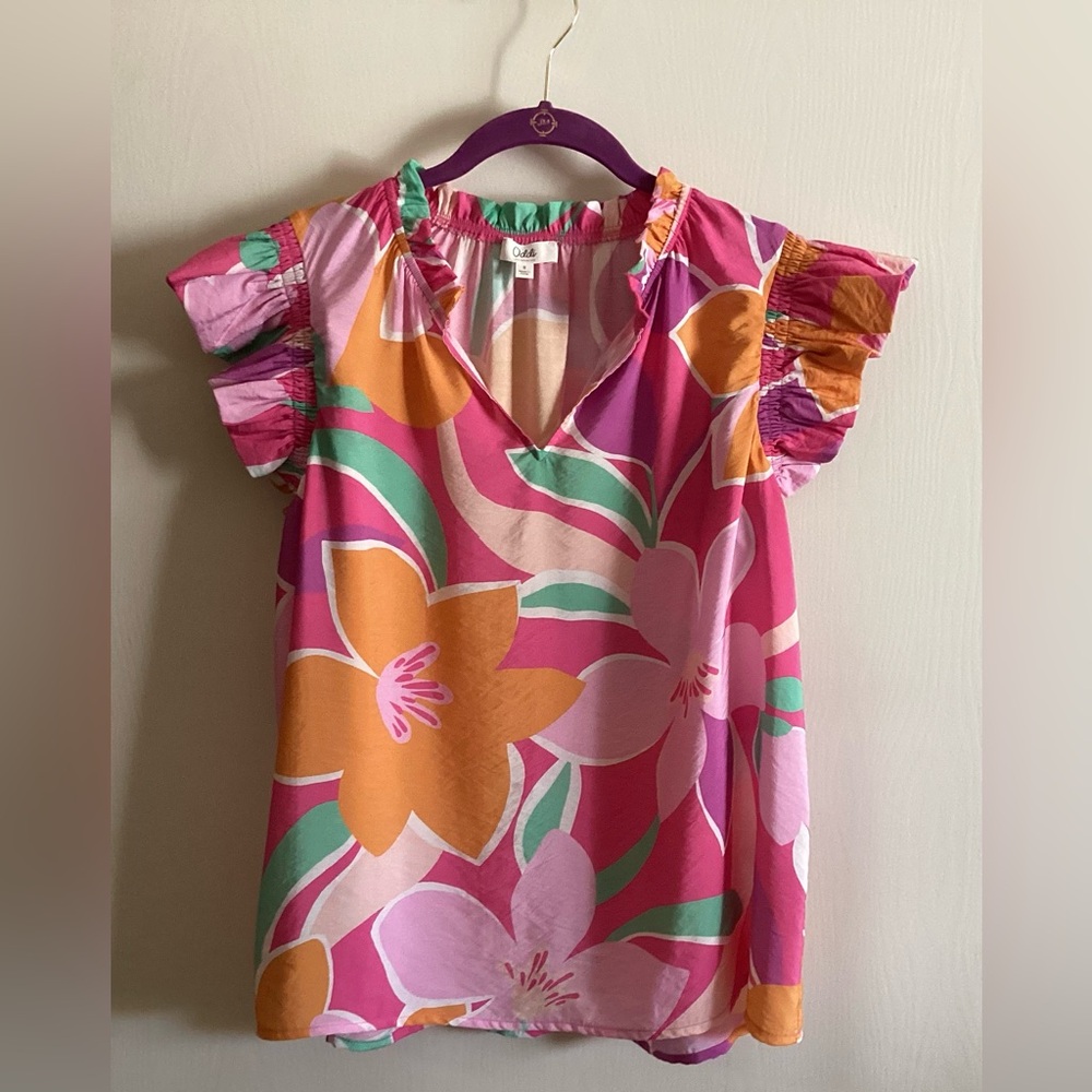 Oddi Pink and Orange Floral Ruffled Sleeve Top